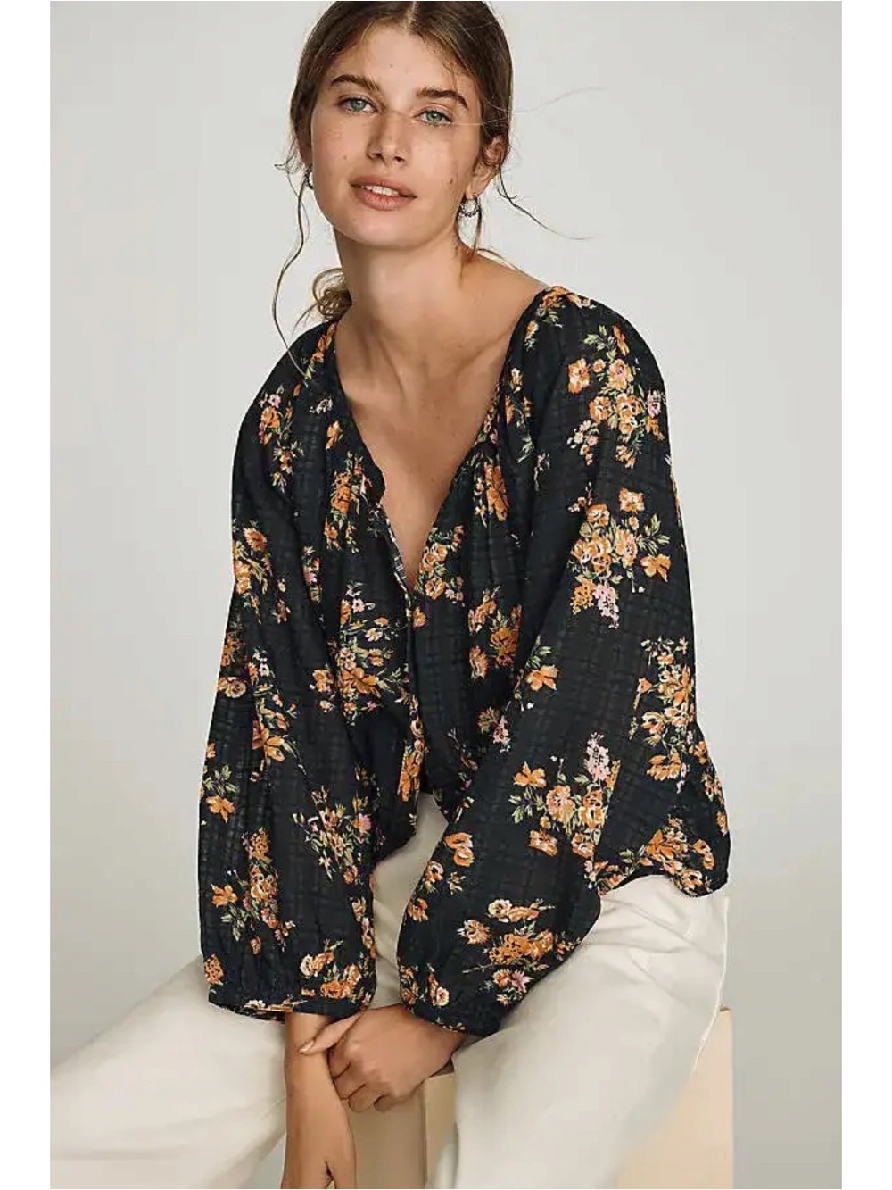 Anthropologie Bohemian Black Floral Pilcro Sidney Shrunken Scoop-Neck Blouse XL